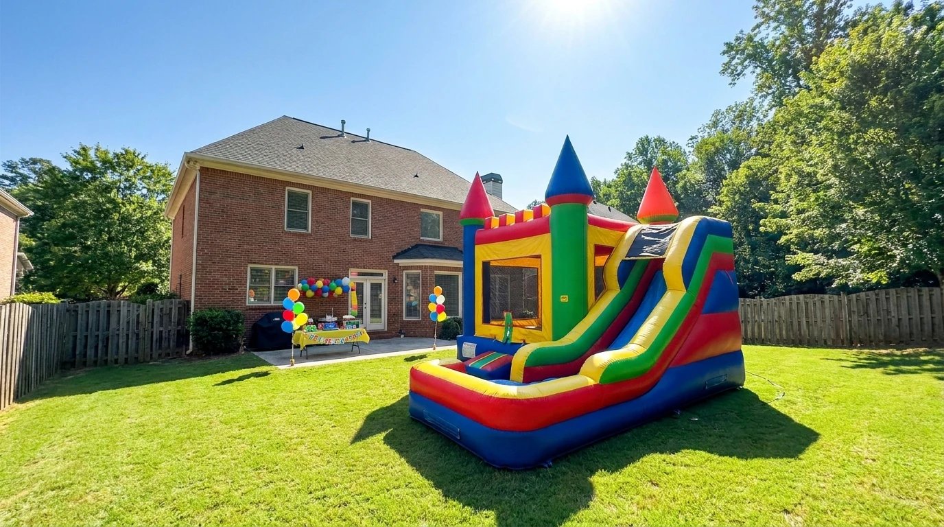 Rainbow Castle Bounce House rental in Atlanta, Georgia set up for a backyard party