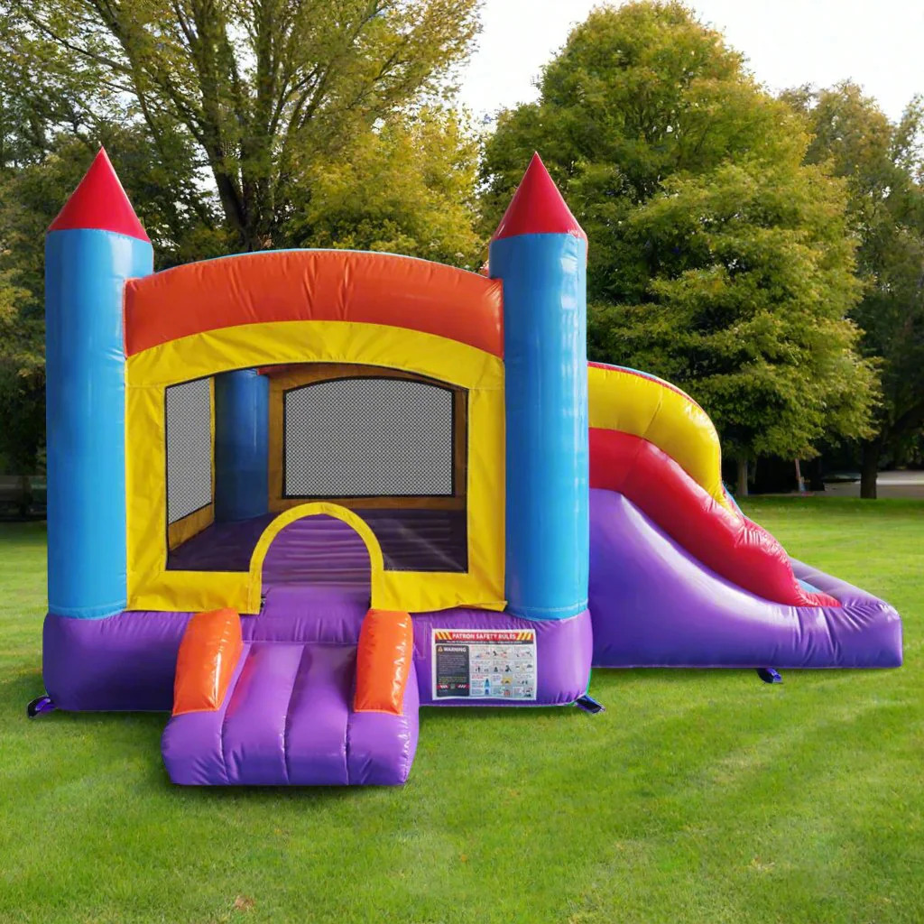 Inflatable bounce and slide combo set up outdoors for a boy's birthday party in Atlanta, Georgia