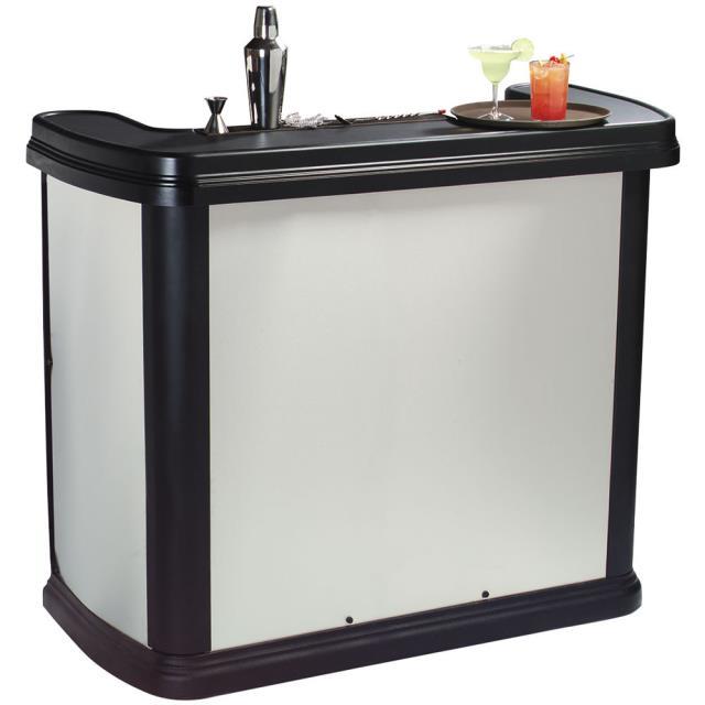5-foot stainless steel mobile bar with ice bin, bottle rail and storage shelving, available to rent in Atlanta, Georgia