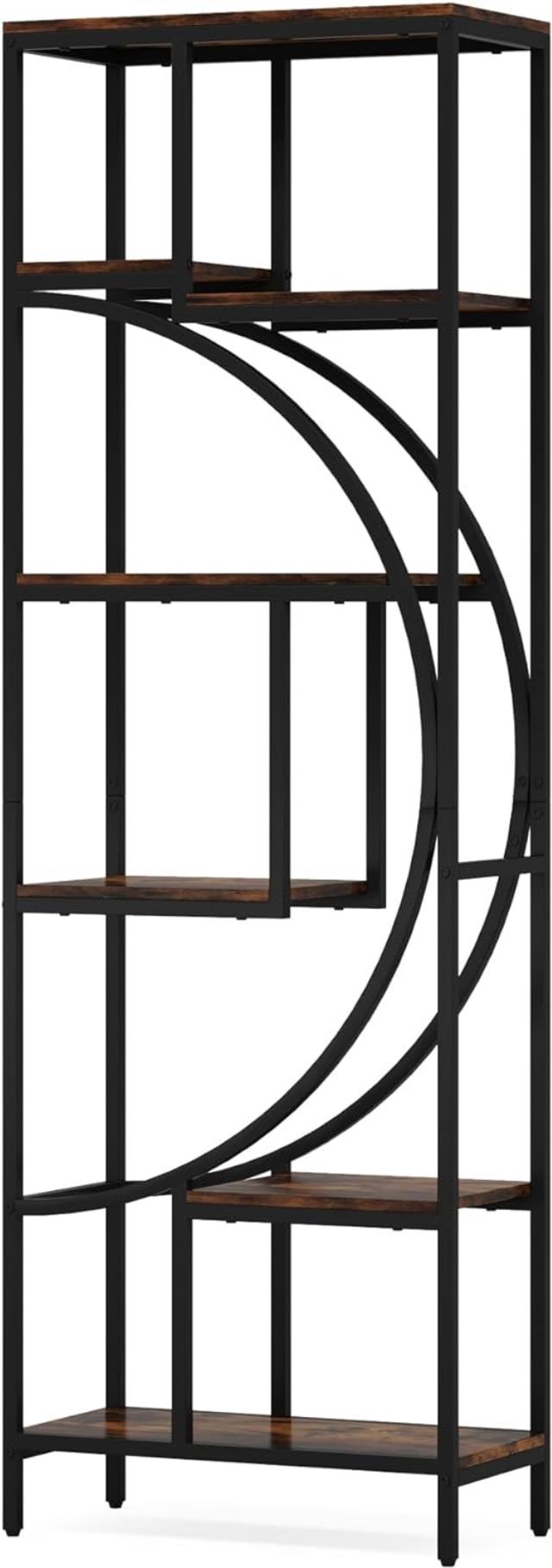 Geometric bar back shelving unit with a black metal frame and wood shelves, available to rent in Atlanta, Georgia