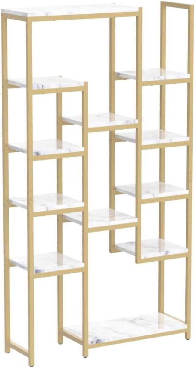 Modern 6-shelf gold frame bar back with marble-look shelves, available to rent in Atlanta, Georgia