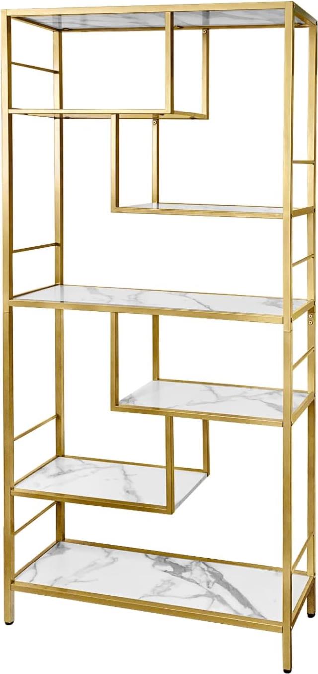 Modern gold frame bar back with asymmetric marble-look shelves, available to rent in Atlanta, Georgia