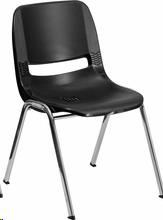 Black children's stacking chair with chrome legs, available to rent in Atlanta, Georgia