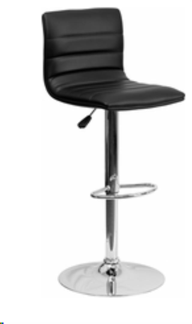 Contemporary black leather barstool with a chrome adjustable base, available to rent in Atlanta, Georgia