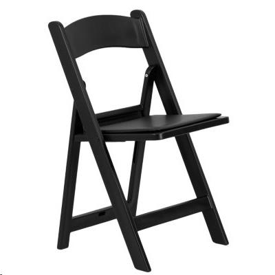 Black resin folding chair with a cushioned seat pad, available to rent in Atlanta, Georgia