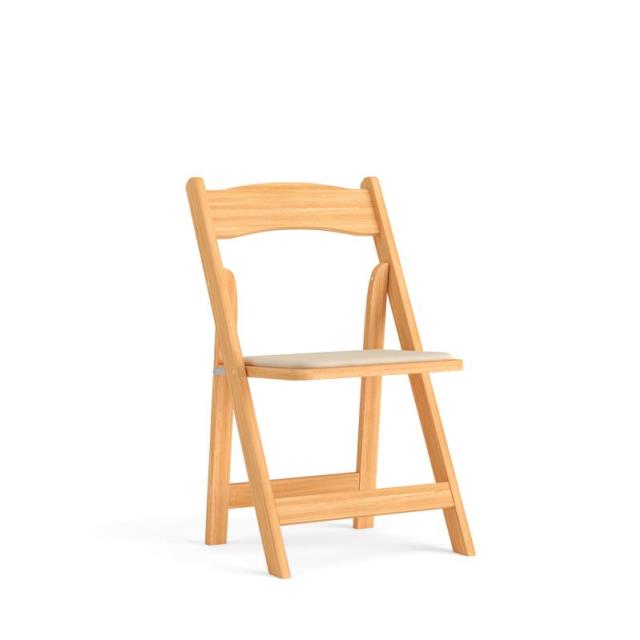 Natural wood-finish resin folding chairs with cushioned seat pads set up for an Atlanta event