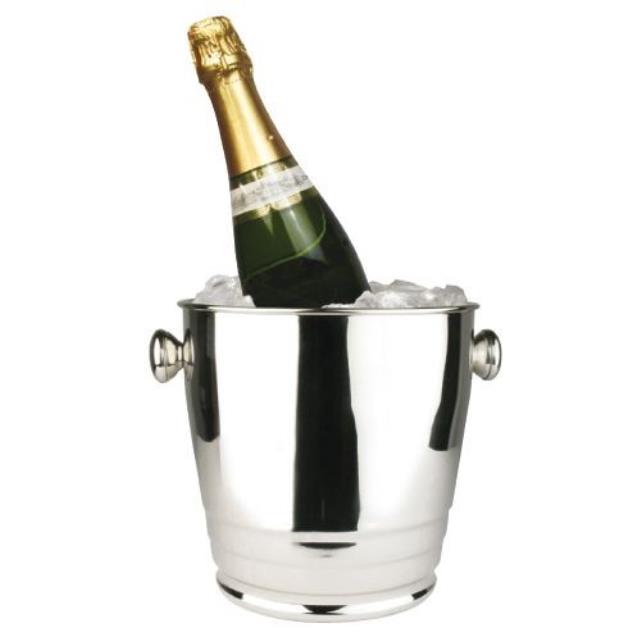 Mirror-finish stainless steel wine bucket with knob handles, available to rent in Atlanta, Georgia